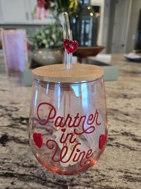 Partner in Wine Pink Stemless Tumbler with Lid and Glass Straw